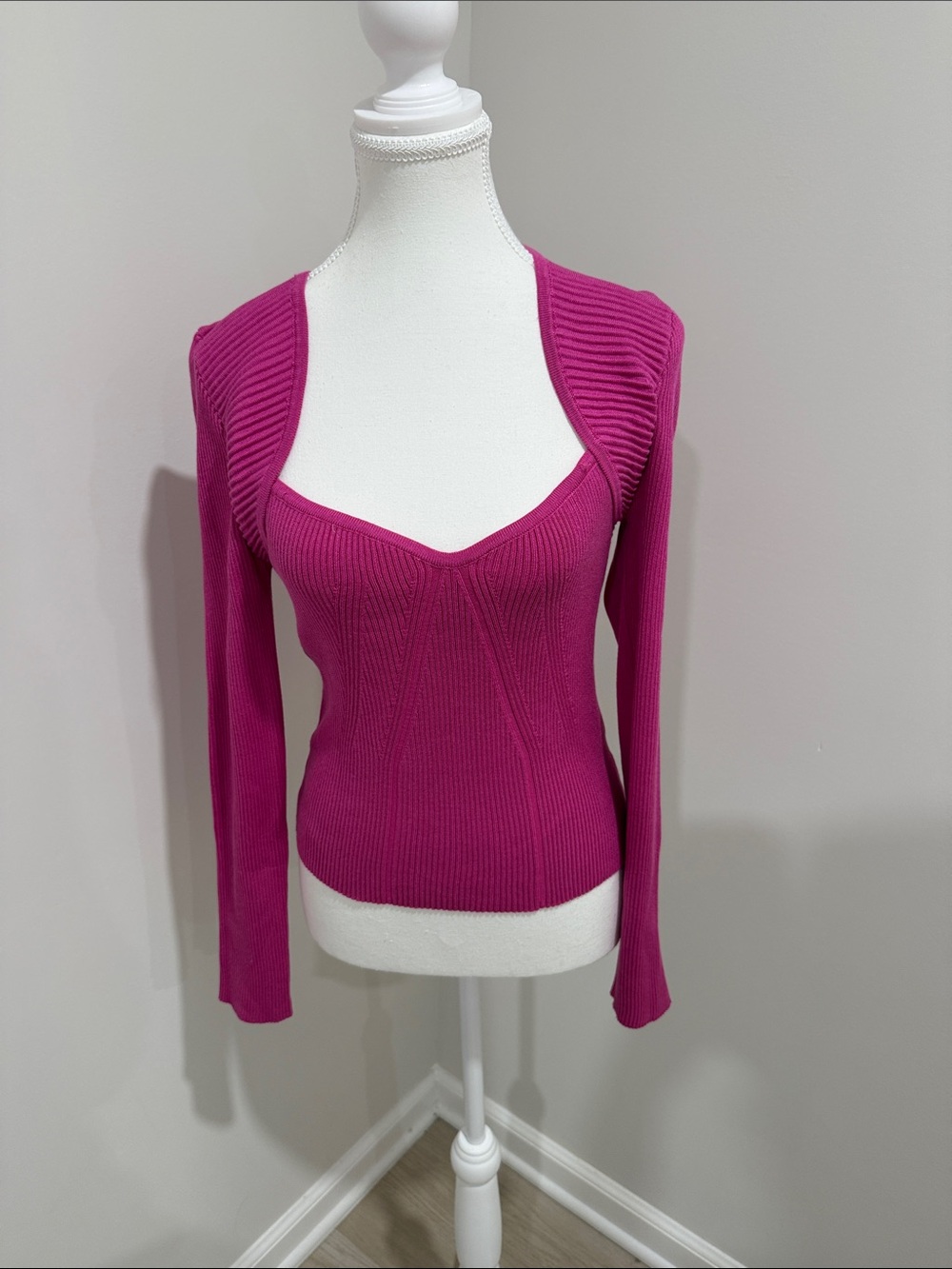 Pink Rose Fuchsia Ribbed Sweetheart Neck Long-Sleeve Top